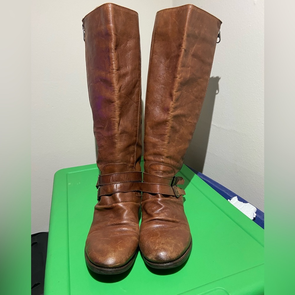 Franco Sarto Brown Leather Low Heeled Boots with Classic Design